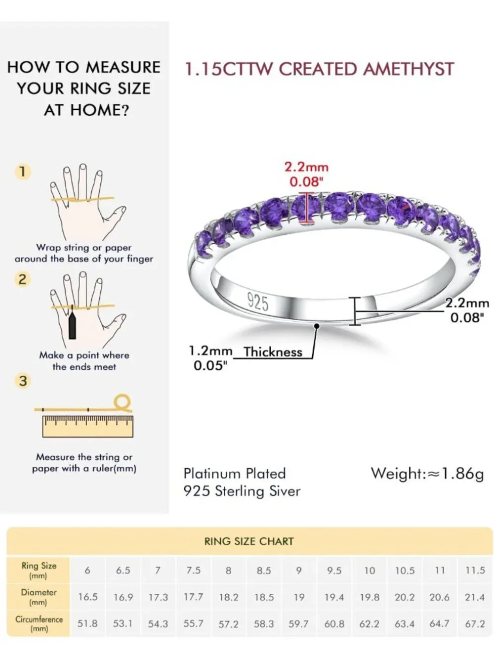 Elegant Amethyst Wedding Band - 925 Sterling Silver Thin Stackable Ring, Size 6